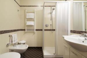 a bathroom with a shower and a toilet and a sink at Hotel Aquila in Cortina dʼAmpezzo +39 photos