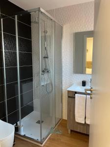 a bathroom with a glass shower with a toilet and a sink at Quintal de São Marcos in Castelo Branco +10 photos