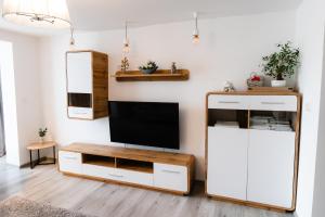 a living room with a tv and a mirror at Alexa Apartament in Târgu-Mureş