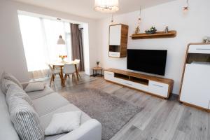 a living room with a couch and a flat screen tv at Alexa Apartament in Târgu-Mureş