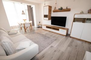 a living room with a couch and a flat screen tv at Alexa Apartament in Târgu-Mureş