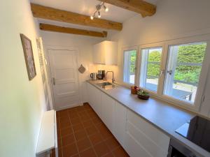 a kitchen with a counter and a sink and two windows at Reethaus Beusloe II in Beusloe +25 photos