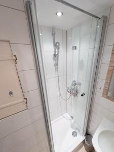 a bathroom with a shower with a glass door at Reethaus Beusloe II in Beusloe