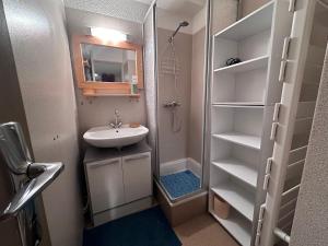 a small bathroom with a shower and a sink at Lioran - Le bonheur de Loustal in Laveissière