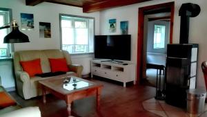 a living room with a couch and a tv at Birkenhof in Achtrup