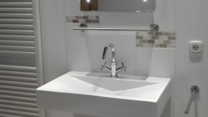 a bathroom with a white sink and a mirror at Birkenhof in Achtrup +16 photos