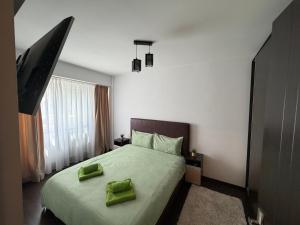 a bedroom with a bed with two green pillows on it at Green Paradise in Curtea de Argeş