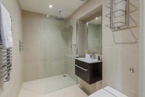 a bathroom with a shower and a sink and a toilet at Kittiwake - Ventnor Bay with Hot Tub in Ventnor +31 photos