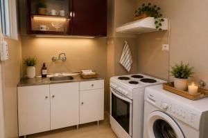 a small kitchen with a washing machine and a sink at Nostalgia by the Sea in Agioi Theodoroi