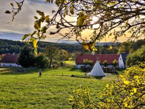 a man standing in a field with a tent at Cihelna 10 Teepee&Wine in Hlavňovice