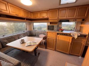 a small kitchen and a table in a caravan at Waldkiez Tiefensee in Tiefensee +28 photos