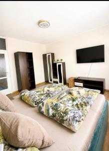 a bedroom with two beds and a flat screen tv at Tófenék Deluxe Apartman in Szolnok