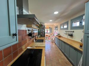 a kitchen with green cabinets and a counter top at Villa with privat pool La Bisbal in Vulpellach