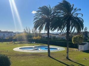 two palm trees in a park with a swimming pool at Hermitage 103 in Torroella de Montgrí