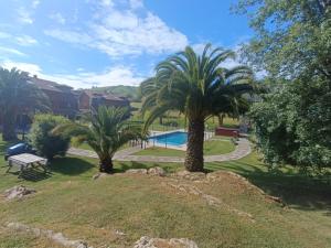 a park with palm trees and a swimming pool at El Rincon de Belen in Noriega
