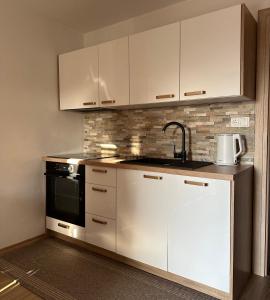 a kitchen with white cabinets and a black oven at Tomajna Vineyard Stay in Podlehnik