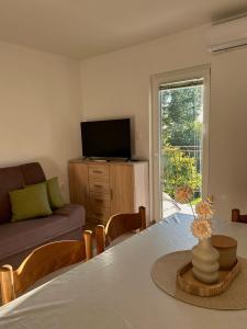 a living room with a table and a couch and a television at Tomajna Vineyard Stay in Podlehnik
