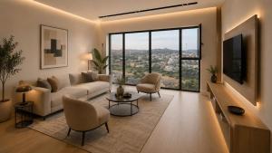 a living room with a couch and chairs and a large window at wifad Hotel in Al Namas