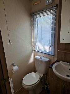 a small bathroom with a toilet and a sink at Sunblast- Dawlish Warren in Cockwood +2 photos
