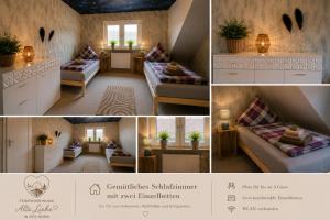 a collage of pictures of a room with beds at Ferienappartment Alte Liebe in Poppenhausen