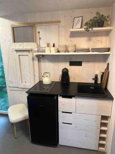 a small kitchen with a black counter and a sink at Posed v korunách stromů in Kutná Hora +3 photos