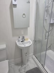 a white bathroom with a sink and a shower at Shamrock Premium Apartment in Cork +22 photos