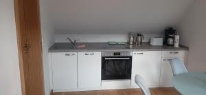 a kitchen with a stove and a counter top at Ziegfried#Ziegenhof in Radebeul