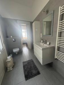 a bathroom with a sink and a toilet and a mirror at Butterfly Home Danube in Budapest +88 photos