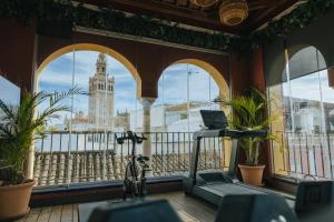 a gym with a treadmill and a view of a clock tower at Palacio Pinello in Seville