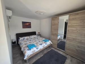 a bedroom with a bed and a large mirror at Mica căsuța in Jurilovca +3 photos