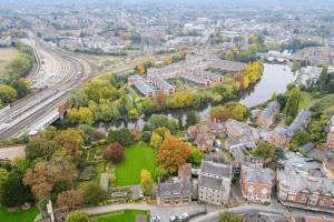 an aerial view of a city with a river at St Nicholas Hotel Shrewsbury in Shrewsbury