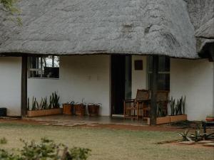 a house with a thatched roof and potted plants at Butjani Lodge in Cullinan
