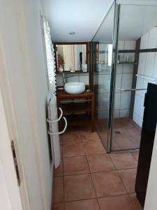 a bathroom with a glass shower and a sink at Appartement Mugron in Mugron