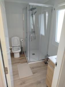 a bathroom with a toilet and a glass shower at La casa de Carmen in Neda +12 photos