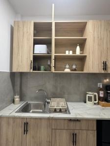 a kitchen with a sink and a counter top at Avlή Apartments I in Kamári