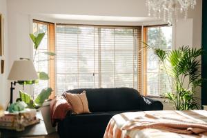 a living room with a couch and a large window at Green Gables Bed and Breakfast in Cygnet