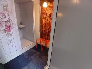 a bathroom with a shower and a bench in a room at Bed and Breakfast Reestdal in Meppel