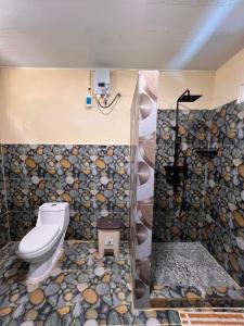 a bathroom with a toilet and a walk in shower at Amaro Homestay in Nuhu Tawun