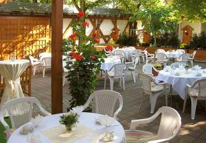 a patio with white tables and chairs and red flowers at Hotel Falter in Hof