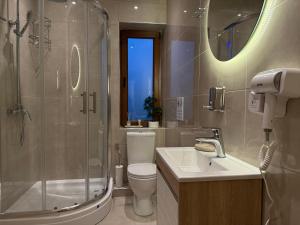 a bathroom with a shower and a toilet and a sink at Central Lux in Petrovac na Mlavi +52 photos