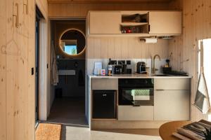 a small kitchen with a stove and a sink at Vineyard Cabins at Château Puynard in Berson