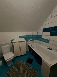 a bathroom with a toilet and a sink and a tub at Guest house Alyaska in Bukovel