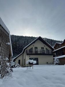 a house with snow on the roof of it at Guest house Alyaska in Bukovel