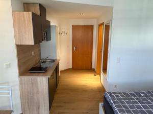 a small kitchen with a sink and a bed in a room at NEU! Ferienappartement Nino in Rötz