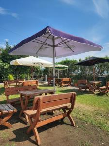 a group of picnic tables with an umbrella at Hotel Bristol Velipoje in Velipojë