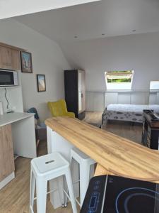 a kitchen and living room with a table in a room at STUDIO COZY 20m2 in Les Attaques