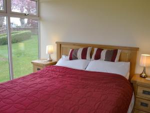 a bedroom with a bed with a red comforter and a window at Kinnelhook Holiday Cottage in Templand