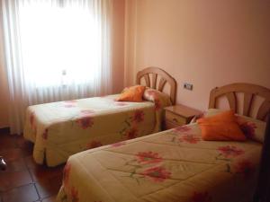 two beds in a room with a window at Los Horreos in Posada de Valdeón