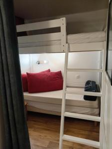 a bunk bed with a ladder and a red pillow at Résidence les églantines in Le Mélézet