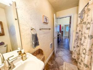 a bathroom with a sink and a shower at New: Charming and Cozy Great Value in Swanton +16 photos